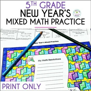 Preview of New Year's Math Activity Mixed Practice and Resolutions 5th Grade Math Print