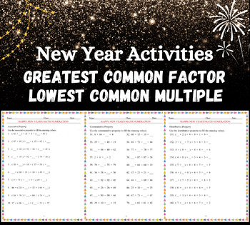 Preview of New Year's Math FACTORS & MULTIPLES GCF LCM Mystery Activities No Prep