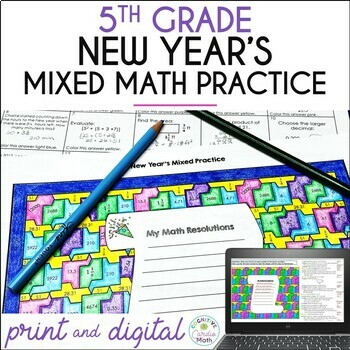 Preview of New Year's Math Review Activity Mixed Practice and Resolutions 5th Grade Math