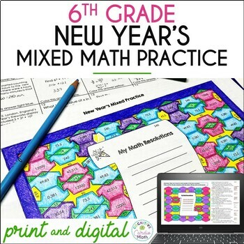 Preview of New Year's Math Review Activity Mixed Practice and Resolutions 6th Grade Math