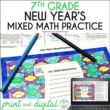 Preview of New Year's Math Review Activity Mixed Practice and Resolutions 7th Grade Math