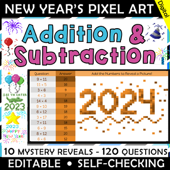Preview of New Year's Pixel Art Mystery Reveals for Addition and Subtraction facts practice