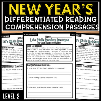 Preview of New Year's Reading Comprehension Passages and Writing NO PREP Level 2