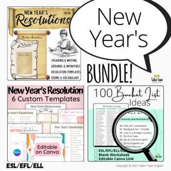 Preview of New Year's Resolution Bundle Lesson Plan 9 Editable Templates, Bucket List ESL