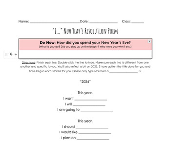 Preview of New Year's Resolution Poem (Worksheet + Model)