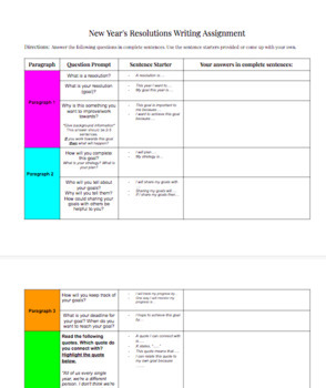 Preview of New Year's Resolution Writing Graphic Organizer with Scaffolded Questions