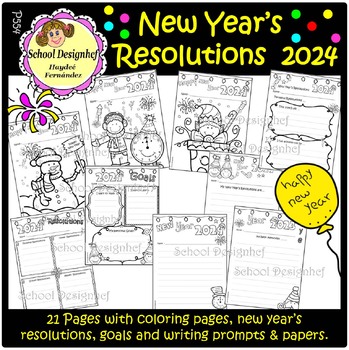 Preview of New Year's Resolutions 2024 - Goals - Coloring & Writing (School Designhcf)