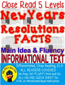 Preview of New Year's Resolutions CLOSE READING LEVEL PASSAGES Main Idea Fluency Check TDQs