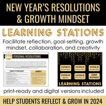 Preview of New Year's Resolutions & Growth Mindset Learning Stations - Engaging Activity