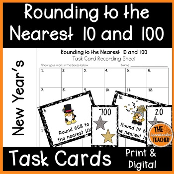 Preview of New Year's Rounding to the Nearest 10 and 100 Task Cards Print and Digital