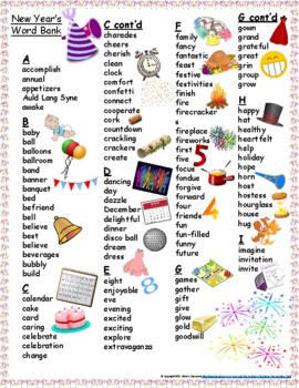 Preview of New Year's Vocabulary Student Printable Word Bank/List