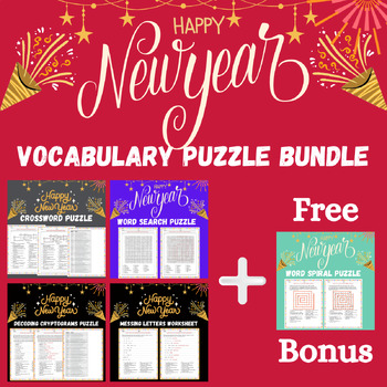 Preview of New Year's Vocabulary Puzzle Worksheets Bundle + Free Bonus