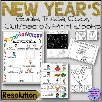 Preview of New Year's Worksheets, Resolution, Health, Color, Trace, Print Book SPED SPEECH