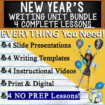Preview of New Year's - 4 Essay Writing Prompts, Graphic Organizers, Rubrics, Templates