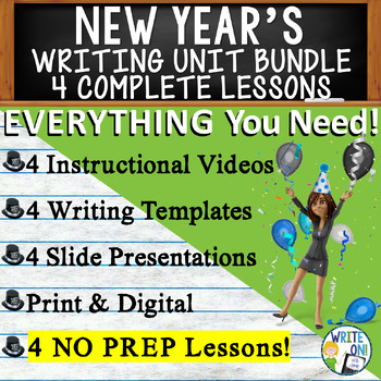 Preview of New Year's Writing Unit - 4 Essay Activities, Graphic Organizers, Rubrics