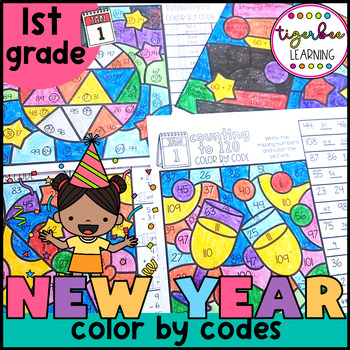 Preview of New Years 2024 color by code worksheets for after winter break | First grade