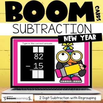 Preview of New Years 2 Digit Subtraction with Regrouping Boom Cards™