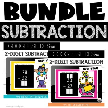 Preview of New Years 2 Digit Subtraction with and without Regrouping Google Slides™