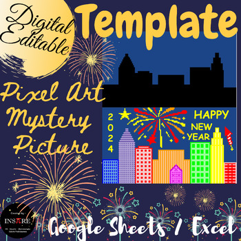 Preview of New Year's 2024 Activities Pixel Art Mystery Picture Template DIGITAL EDITABLE