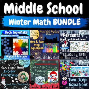 Preview of Winter Middle School Math & Art Bundle Math Pixel Art Mystery Scavenger Hunt