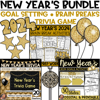 Preview of New Years 2024 Activities BUNDLE of Goal Setting Brain Breaks and Trivia