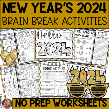 Preview of New Years 2024 Brain Break Activities and NO PREP Coloring Worksheets
