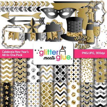Preview of New Years 2024 Clipart, 54 Digital Paper, Borders Clip Art Black & White PNG
