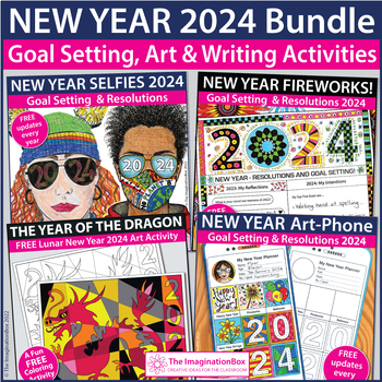 Preview of New Years 2024 Coloring Pages, Art Activities, Writing and Goal Setting Bundle