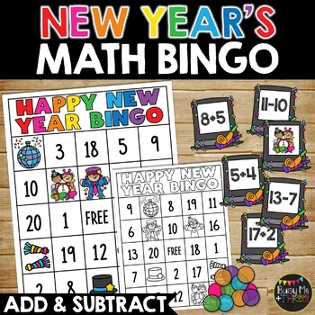 Preview of New Years Math Bingo Game Addition and Subtraction to 20 | Fact Fluency