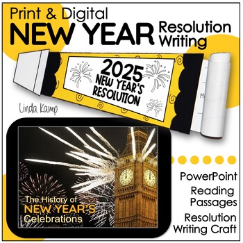Preview of New Years 2025 Resolution Craft, Reading Passages & PowerPoint + Digital