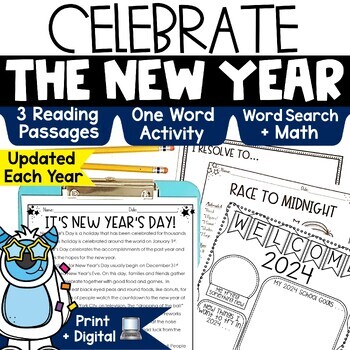 Preview of New Years 2024 One Word Resolutions Activity Reading Passage Writing Word Search