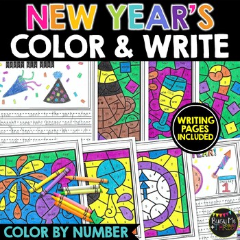 Preview of New Years 2025 Activities for Math and Writing Color by Number | Writing Sheets