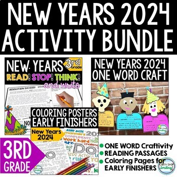 Preview of New Years 2024 Activity BUNDLE Reading Passages ONE WORD Craft Coloring PP