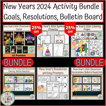 Preview of New Years 2024 Activity Bundle  Goals, Resolutions, Bulletin Board