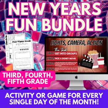 Preview of New Years 2024 Activity and Games third, fourth, fifth grade | Fun + SEL Slides