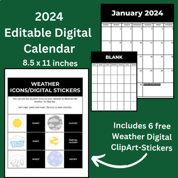 Preview of New Years 2024 Black & White Digital Editable Calender (8.5 x 11 in)