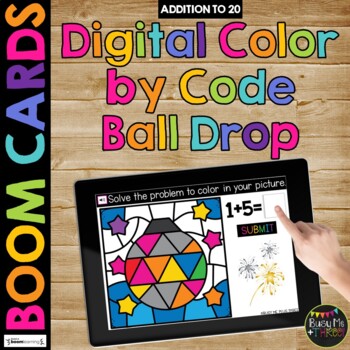 Preview of New Years 2025 Boom Cards™ Color by Code Distance Learning Math BALL DROP