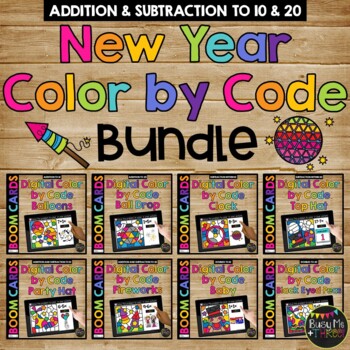 Preview of New Years 2025 Boom Cards™ DIGITAL Color by Code BUNDLE | 8 Decks Add | Subtract