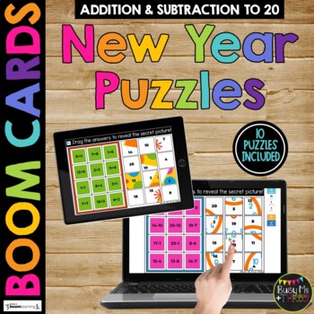 Preview of New Years 2024 Boom Cards™ Math Puzzles Digital Activity Mystery Pictures