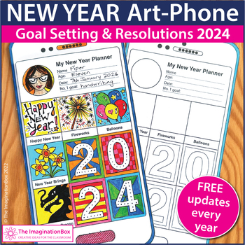 Preview of New Years 2024 Cell Phone Art Activity, Fun January Goal Setting and Resolutions
