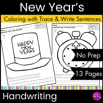 Preview of Happy New Year 2025 Coloring Pages with Trace & Write Sentence Worksheets