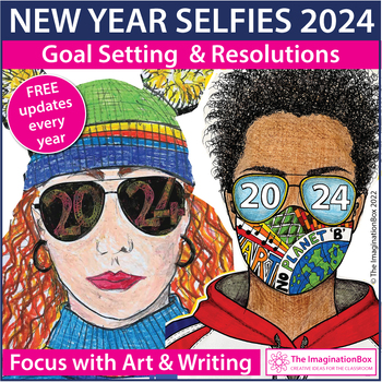 Preview of New Years 2024 Selfie Coloring Pages, Goal Setting & Resolutions Writing Prompts