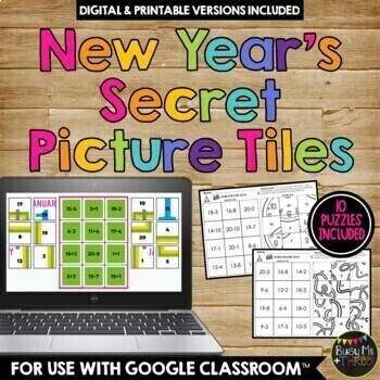 Preview of New Years 2025 Secret Picture Tiles Puzzle Distance Learning Google Classroom™ 