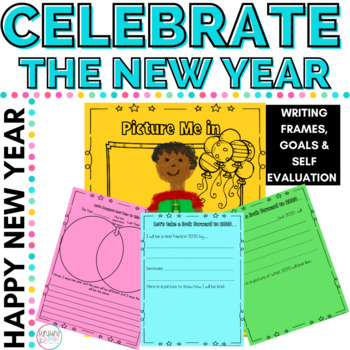 Preview of New Years 2024 Writing Activities, Frames, Goals, Resolutions Self Evaluation 