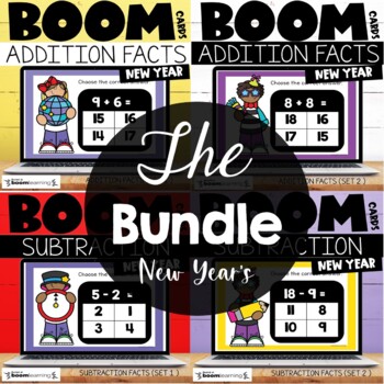 Preview of New Years Addition and Subtraction Facts Bundle Boom Cards™