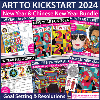 Preview of New Years Art Activities, Coloring Pages, Writing Prompts & Goal Setting Bundle