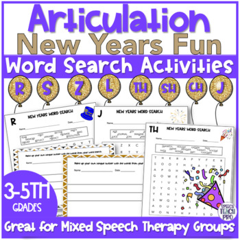 Preview of New Years Articulation Word Search Activities | R S Z SH CH J TH L