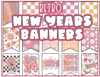 Preview of New Year Banner, New Years Bunting Banner, Retro Groovy Banner, January Bulletin