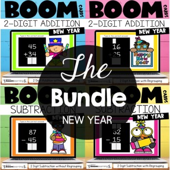 Preview of New Years Boom Cards™ 2 Digit Addition Subtraction with and w/out Regrouping