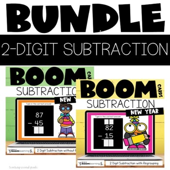 Preview of New Years Boom Cards™ 2 Digit Subtraction with and without Regrouping Bundle